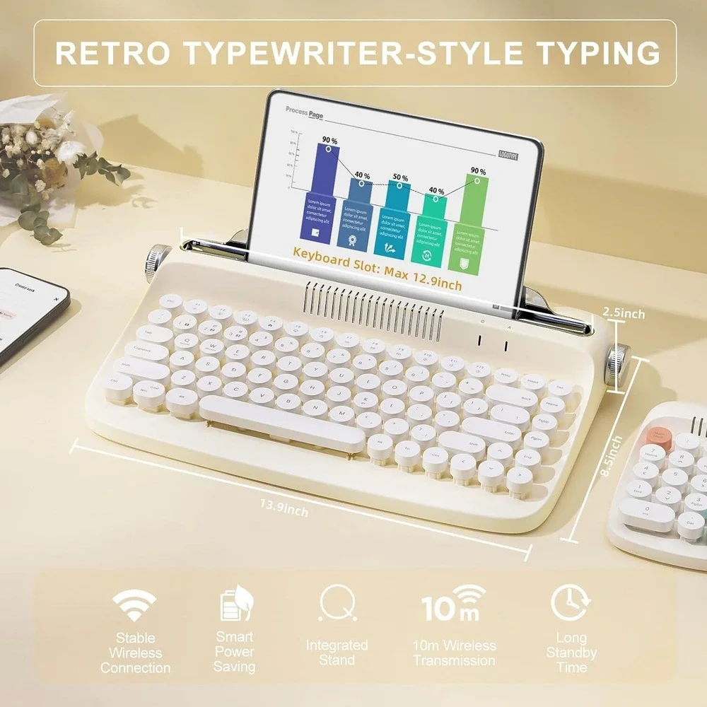 YUNZII ACTTO B303 Wireless Keyboard, Retro Bluetooth Aesthetic Typewriter Style